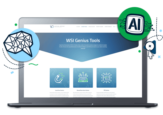 Laptop screen displaying WSI Genius Tools dashboard with icons representing AI consulting templates and automation features.